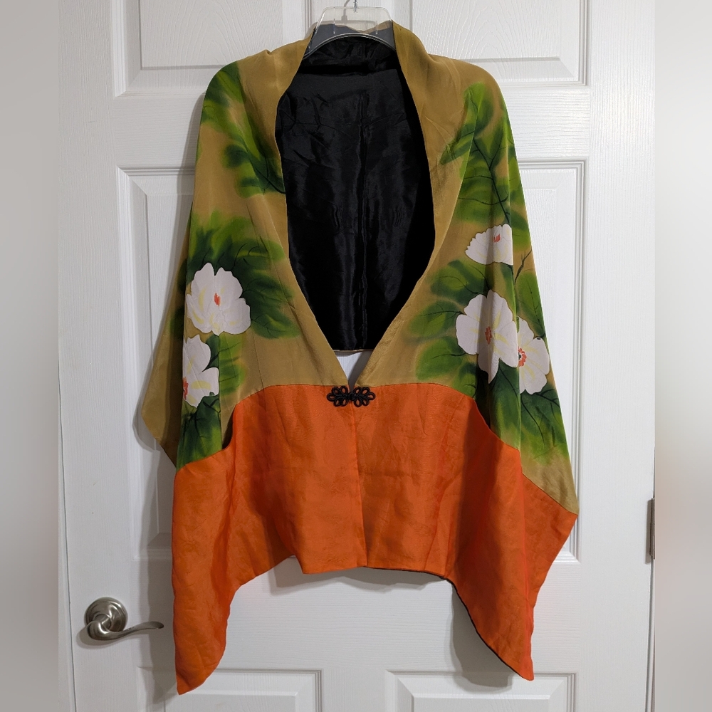 Vintage Hand-Painted Floral Silk Shawl
